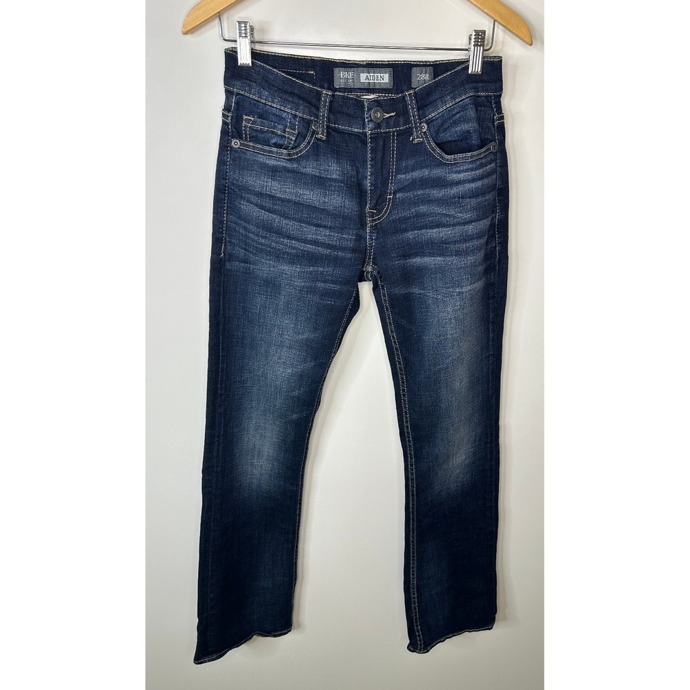 BKE Aiden Jeans Mens 28 Dark Wash Blue Boot Leg Bootcut Denim Stretch Whiskering - Picture 12 of 12